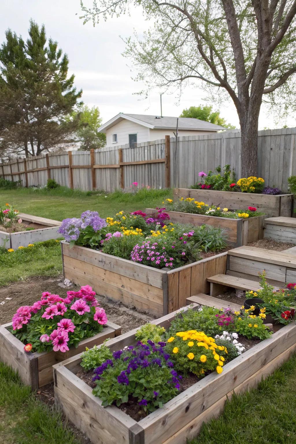 Tiered planters create layers of lush beauty.