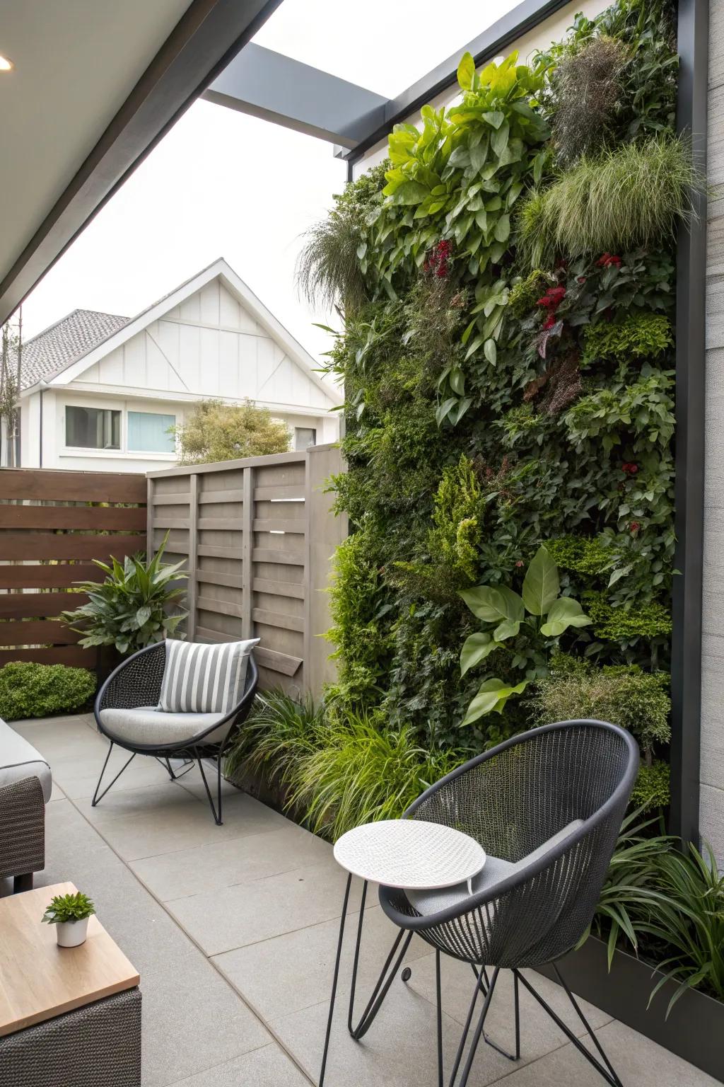 A vertical garden maximizes greenery in limited space.