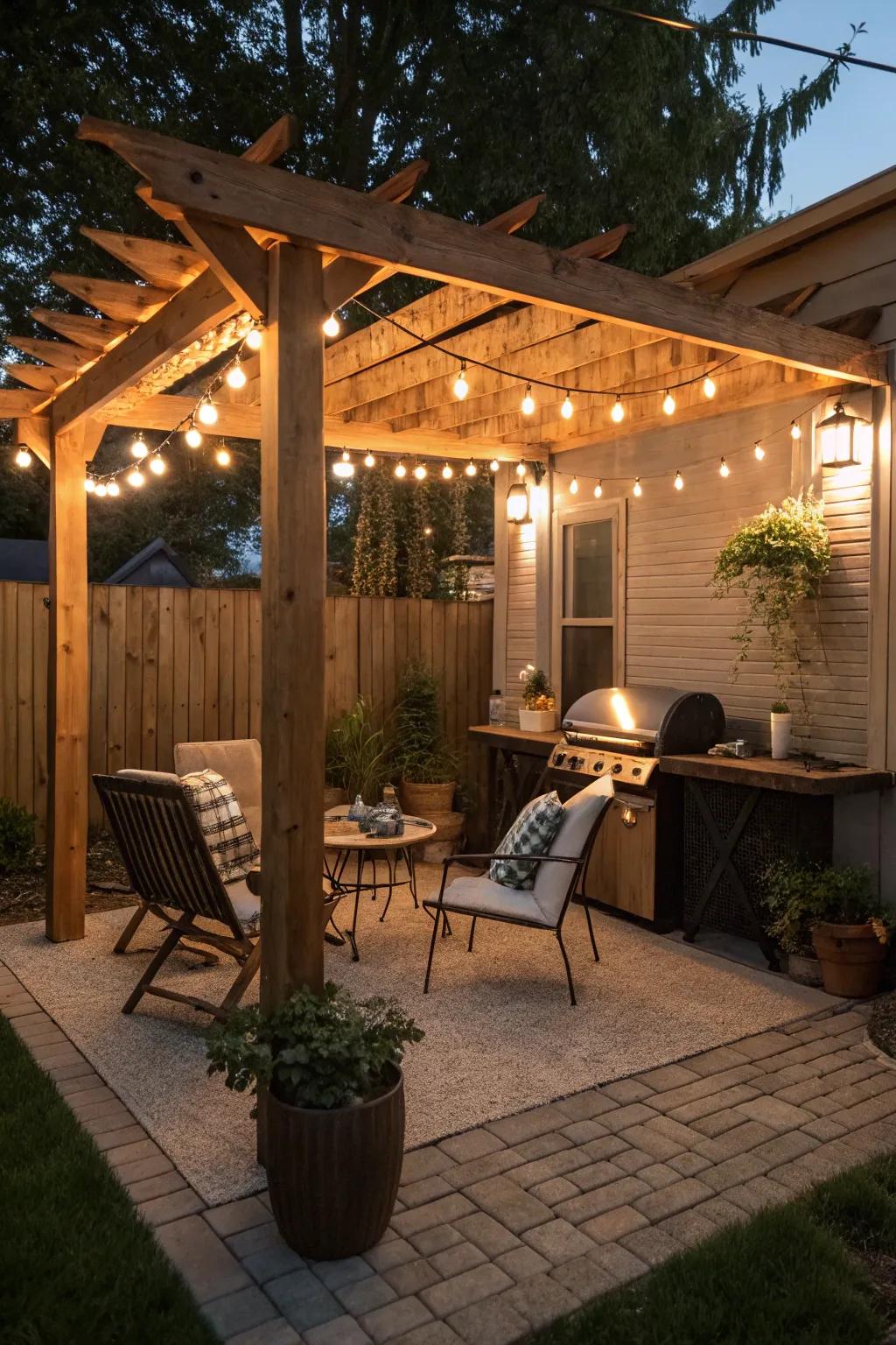 A BBQ setup beneath a wooden pergola, providing shade and ambiance.