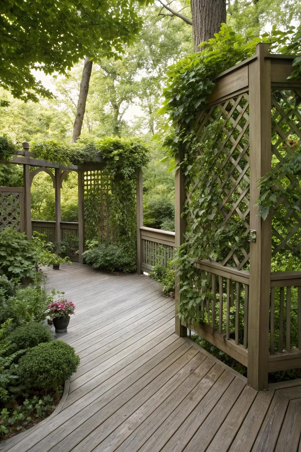 A private oasis with stylish partitions on a small deck.
