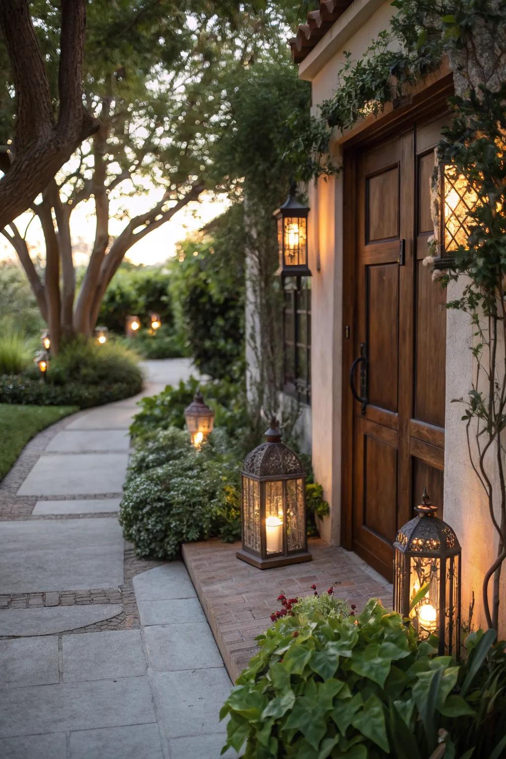 Lanterns cast a warm glow, enhancing the entryway's coziness.