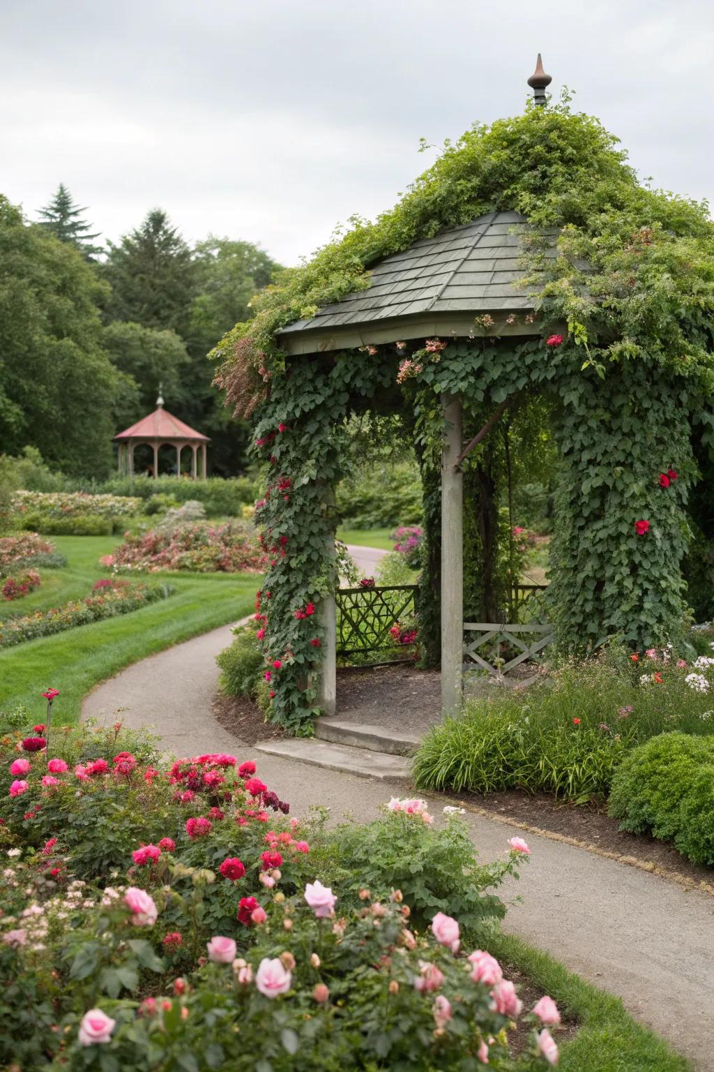 A nature-integrated pavilion covered with lush greenery.