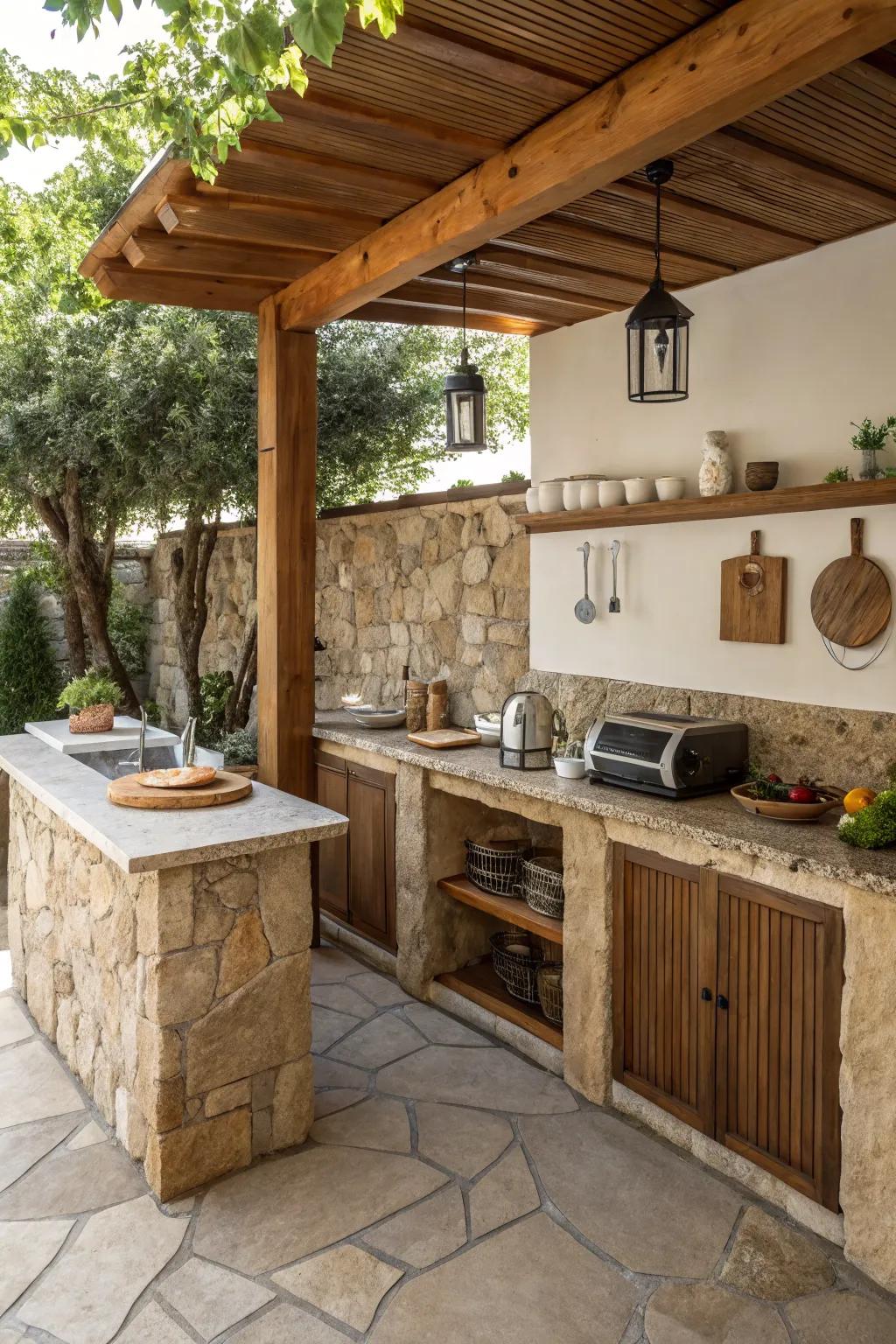 A warm and inviting patio kitchen using natural materials.