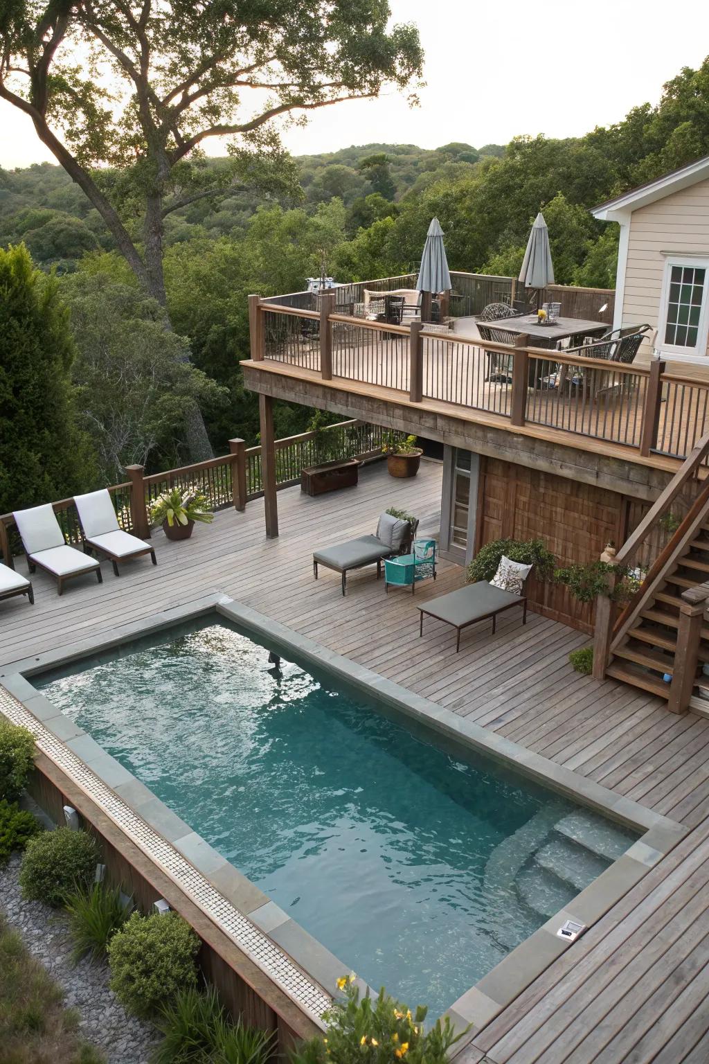A multi-level deck maximizing space around a small pool.