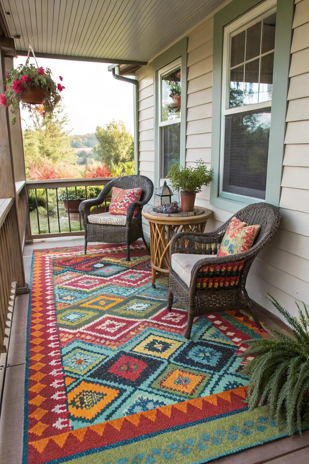 An outdoor rug adds warmth and cohesion to your porch space.