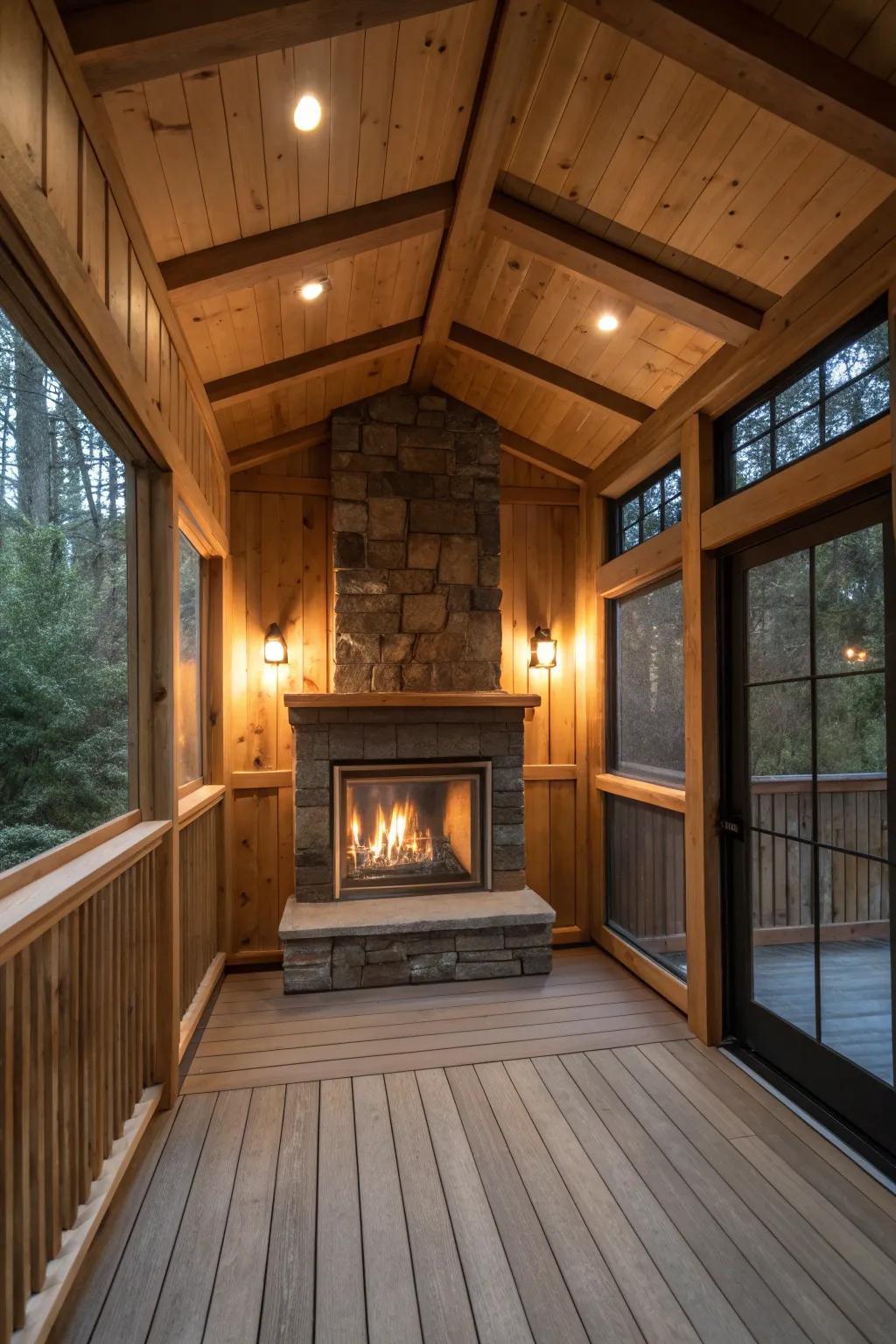 Wood paneling around the fireplace adds natural warmth to the porch.