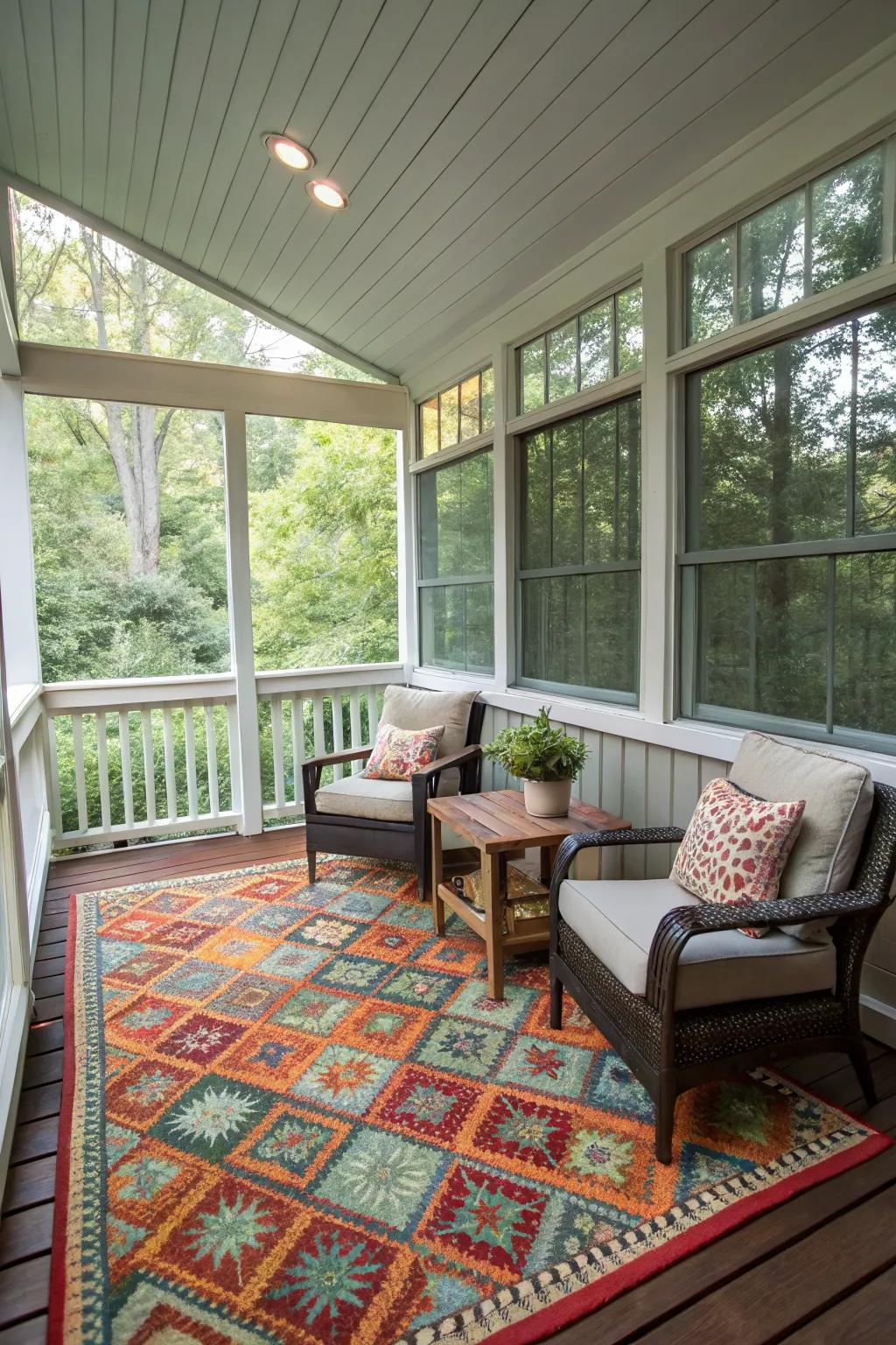 A bright outdoor rug adds vibrancy and defines the space on a small porch.