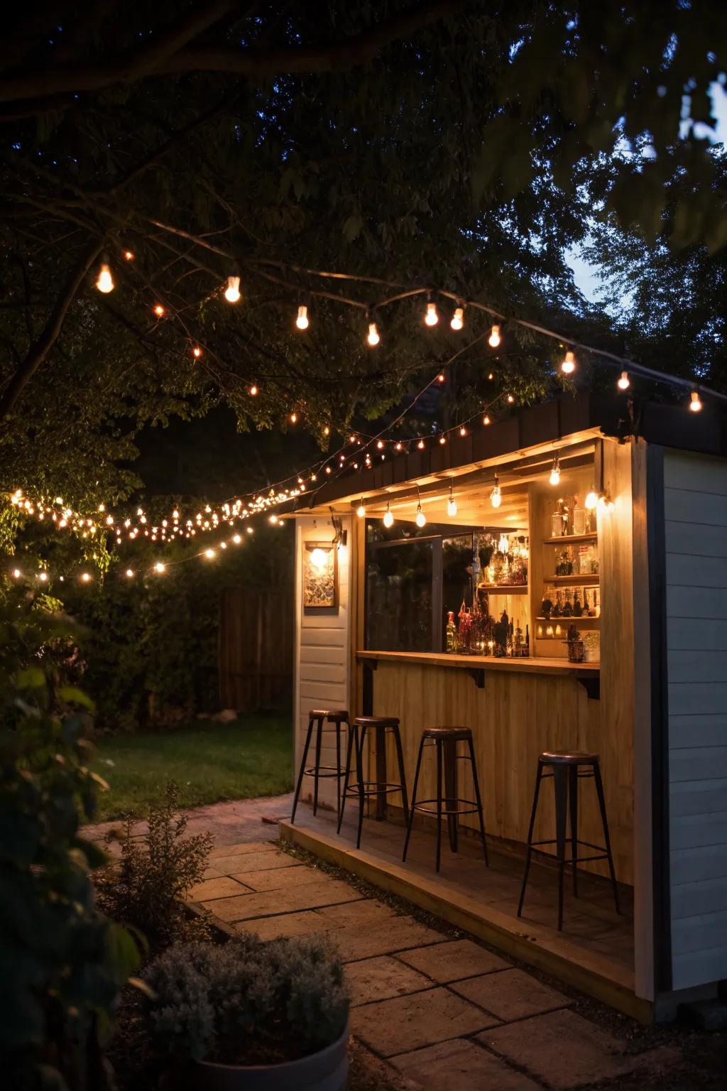 Lighting sets the perfect mood for a cozy shed bar.