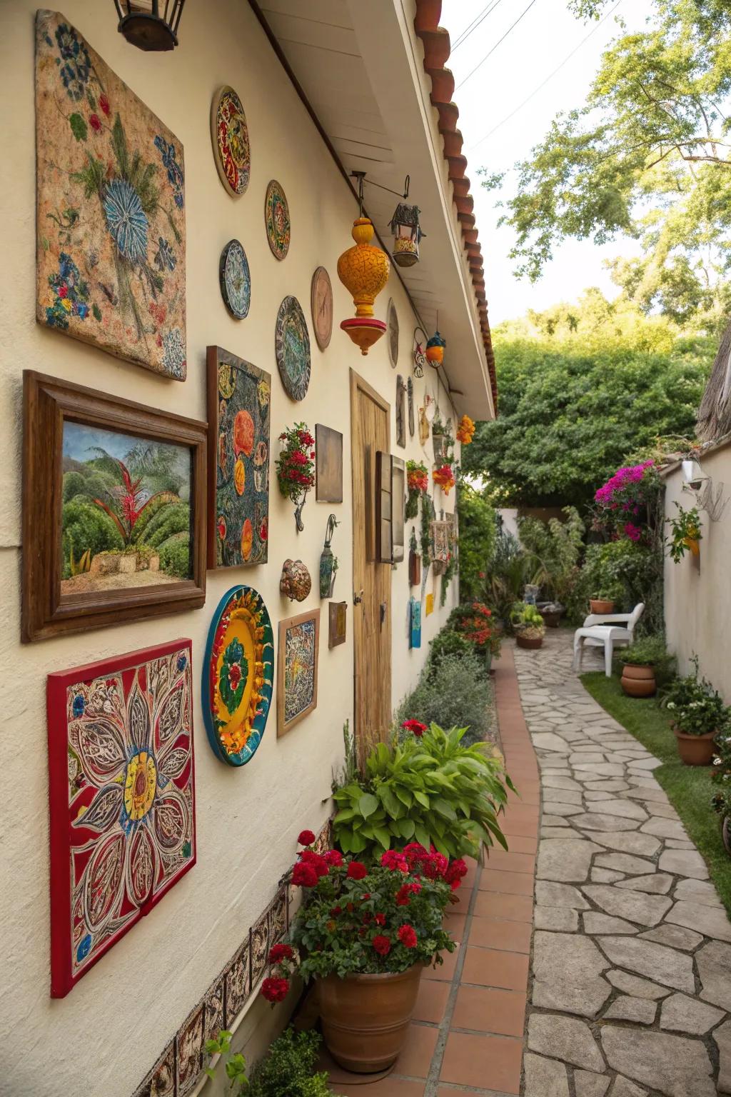 Decorative wall art adds a personal touch to any side yard.