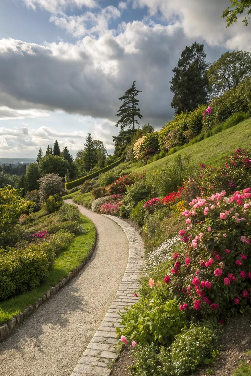 Pathways add charm and accessibility to garden slopes.