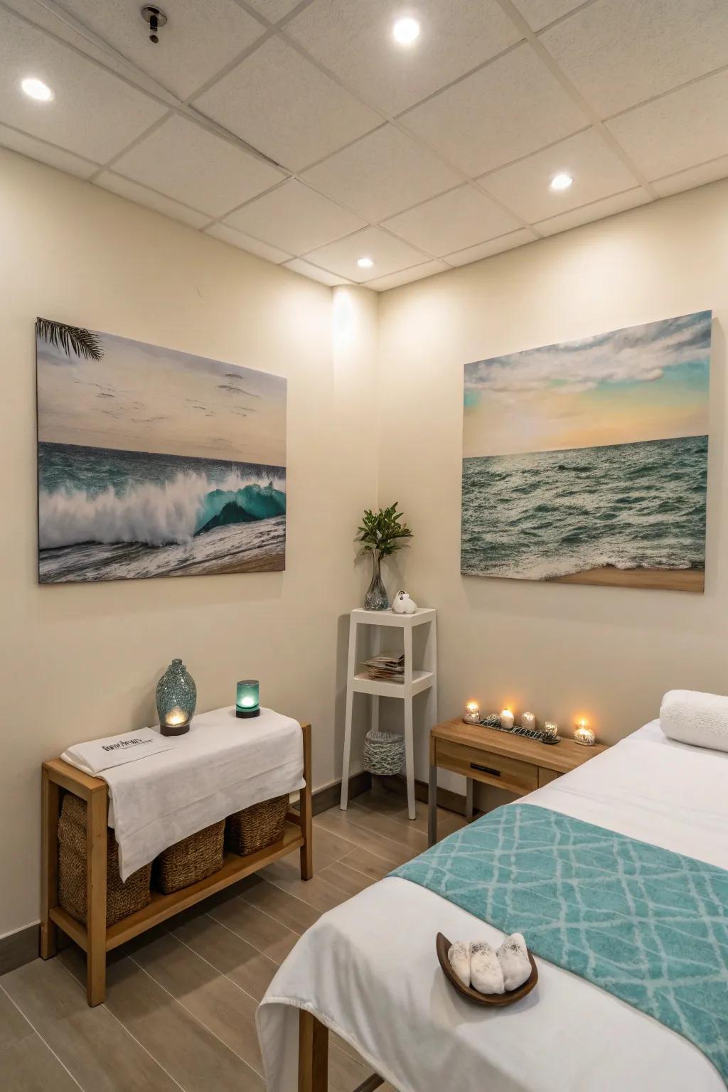 Minimalist decor and calming artwork enhance the ambiance.