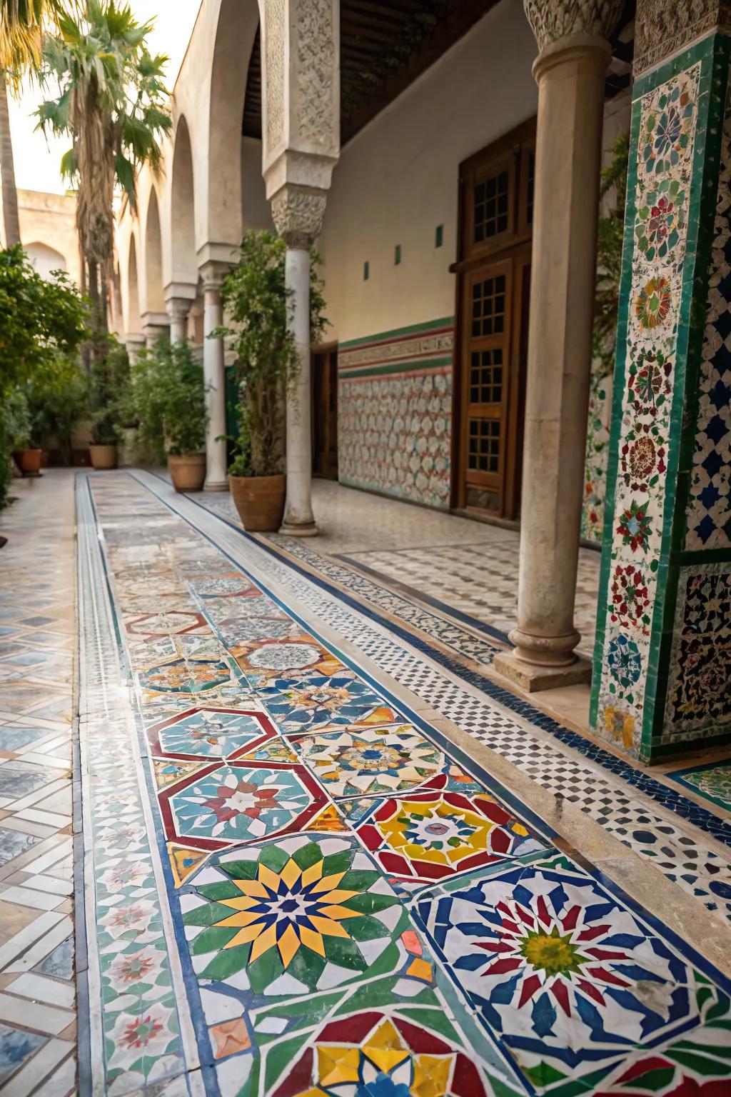 Colorful tiles create eye-catching patterns in your courtyard.