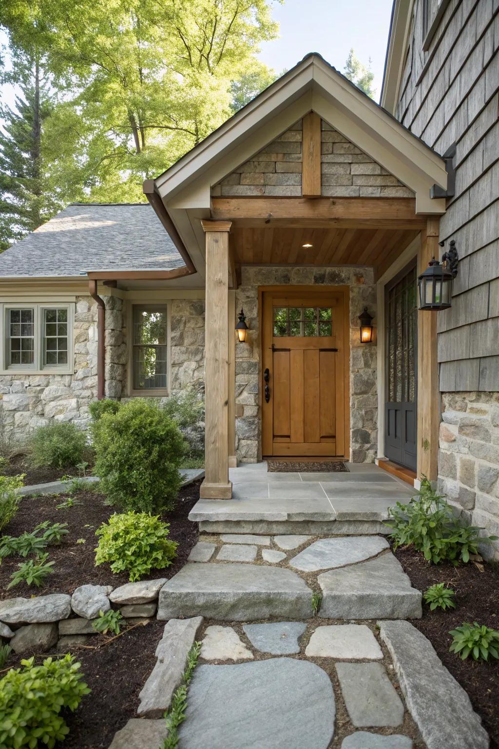 A beautiful blend of stone and wood elements on a small porch.
