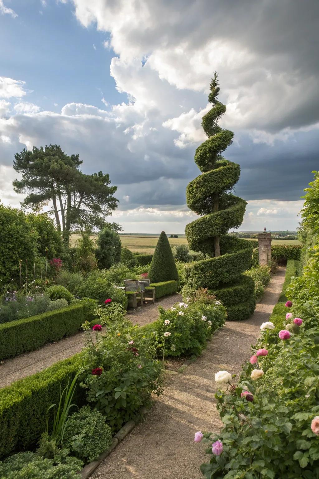 A spiral topiary serves as a striking focal point.
