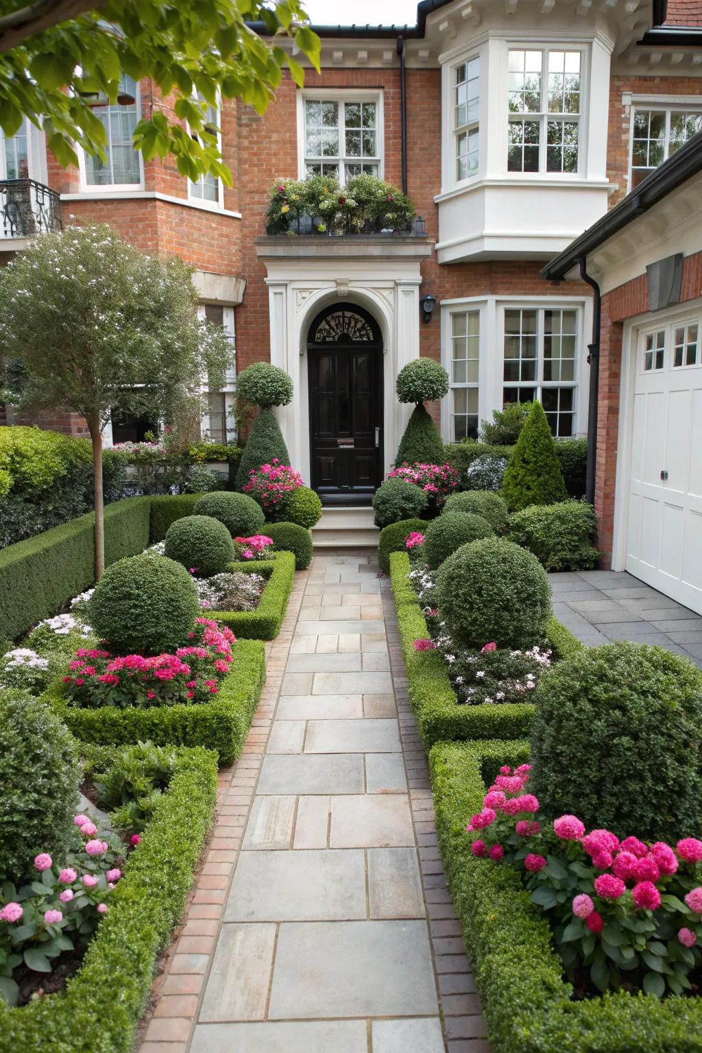 Symmetrical planting enhances the entrance of a townhouse front garden, featuring neat shrubs and flowers.