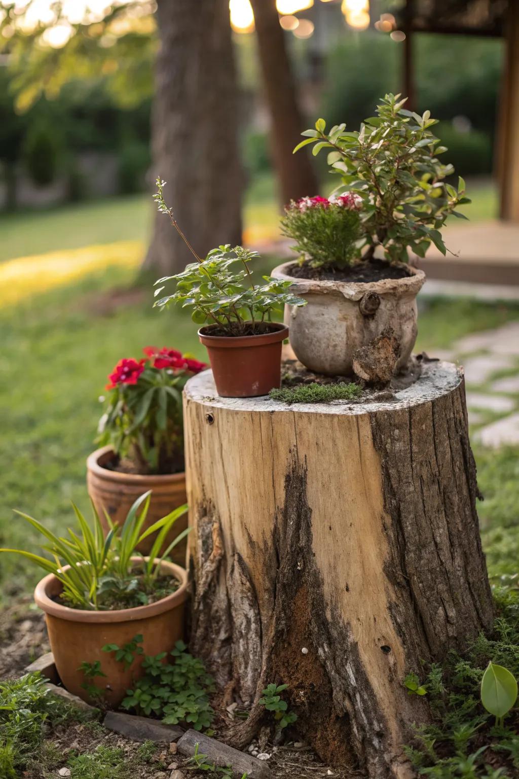 A small tree stump transformed into a pot stand.