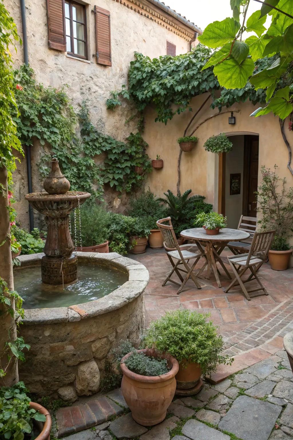 A tranquil water feature enhances this Tuscan patio.