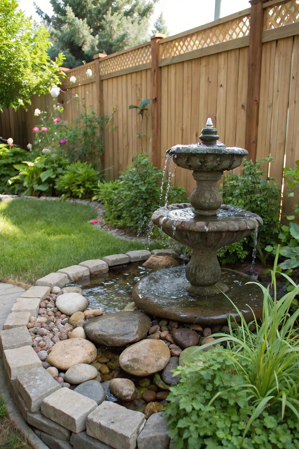 A serene small garden with a calming water feature