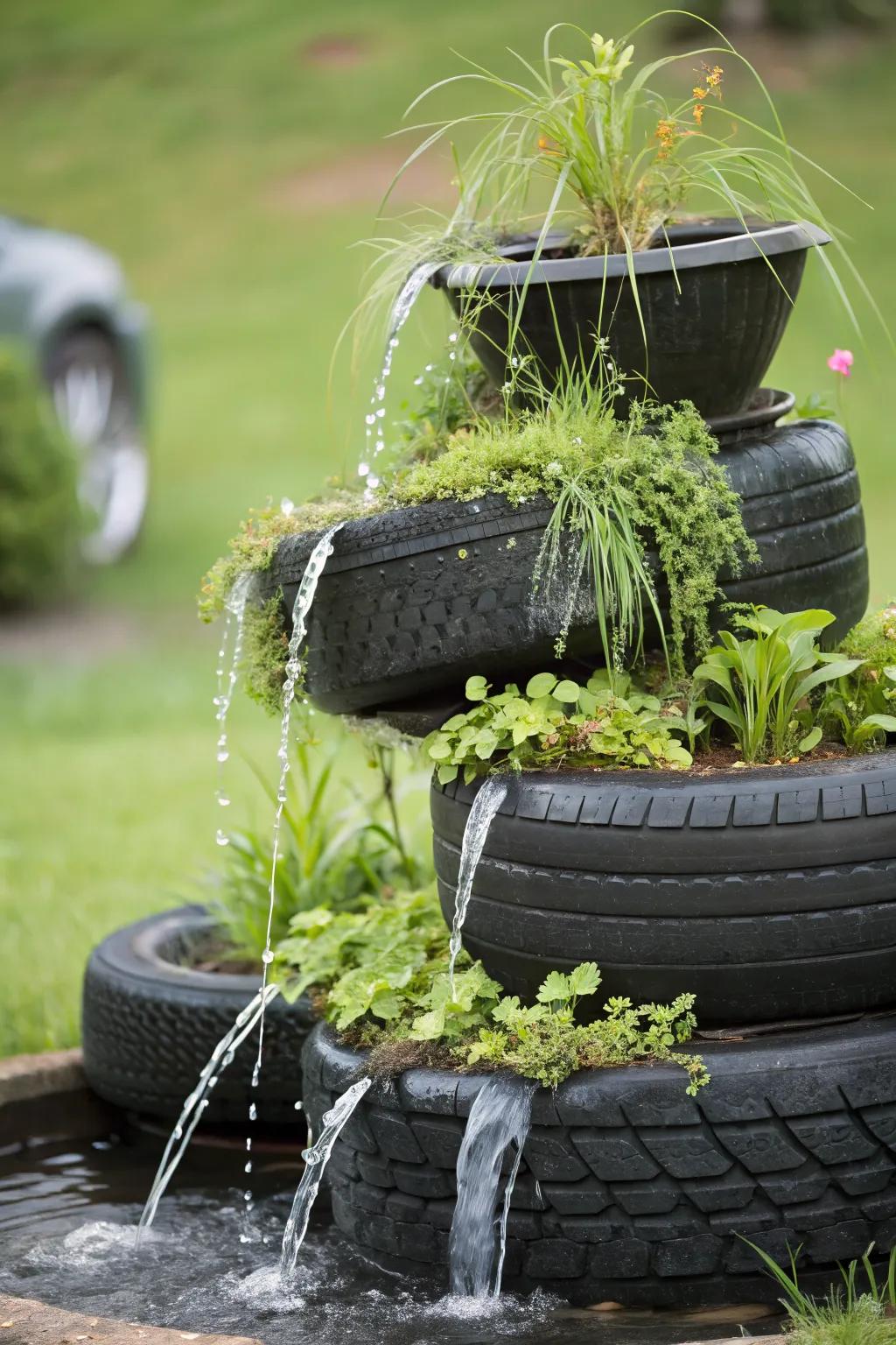 A creative twist with recycled tires creating a tiered water garden.