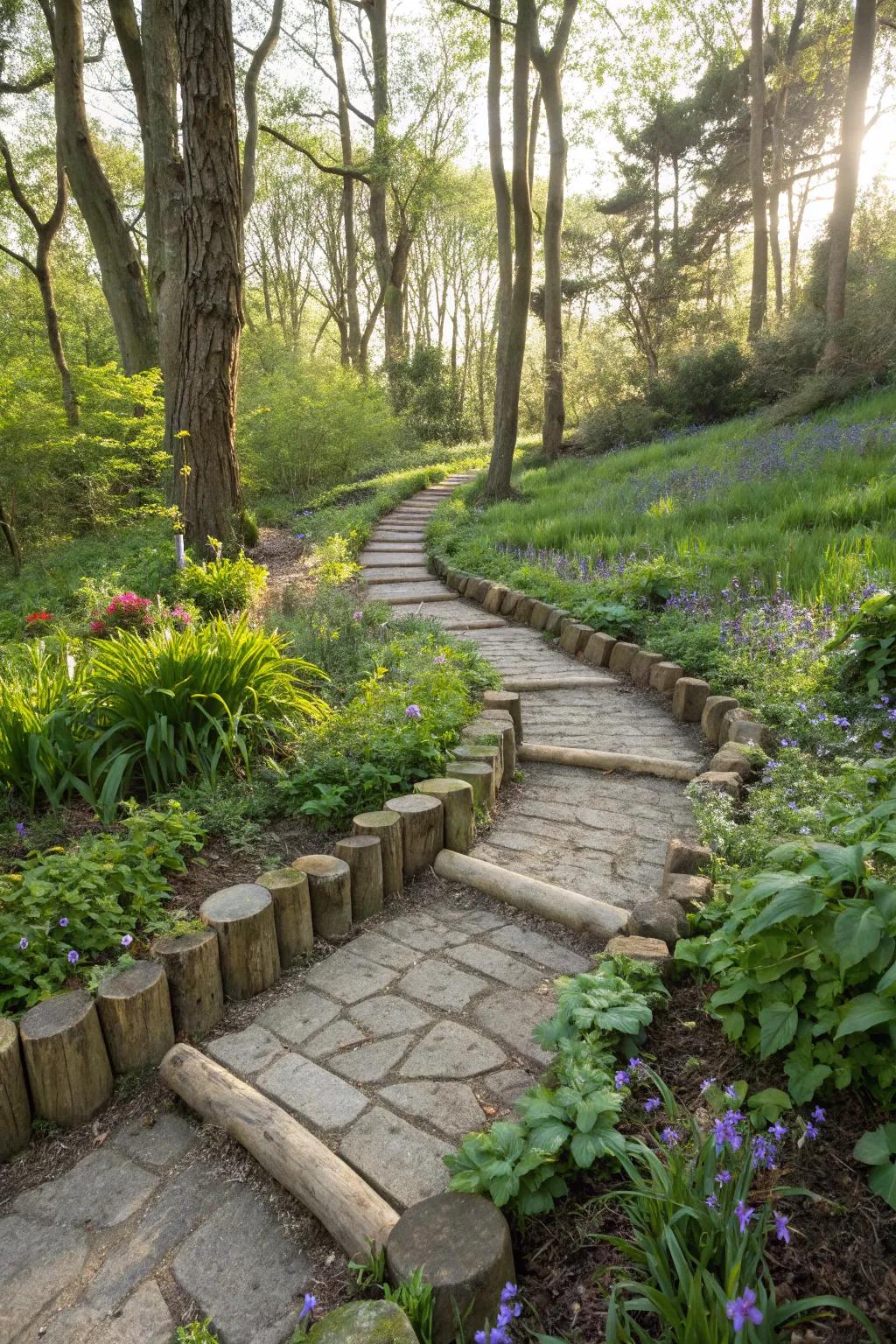 Rustic stone and wood elements add natural charm to the garden.