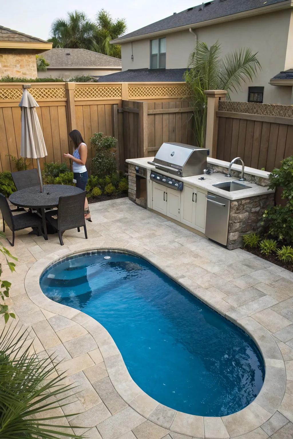 A uniquely shaped pool that complements the garden's natural curves.
