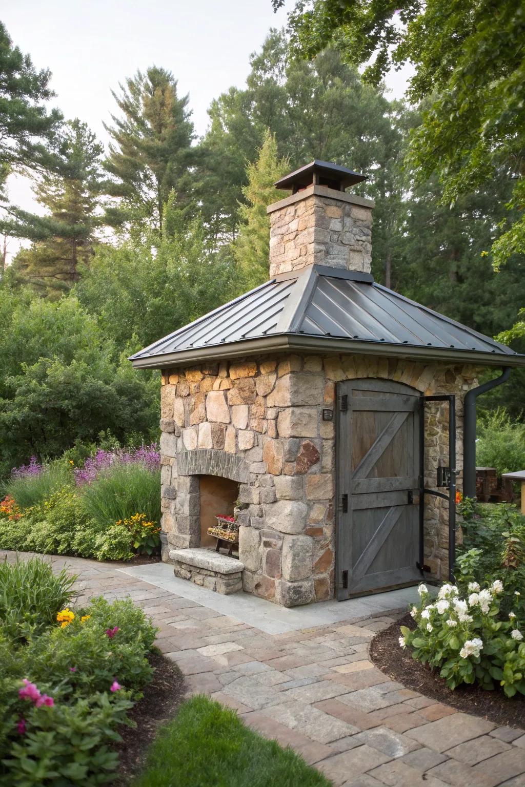 A smokehouse with a natural stone base for a seamless garden integration.