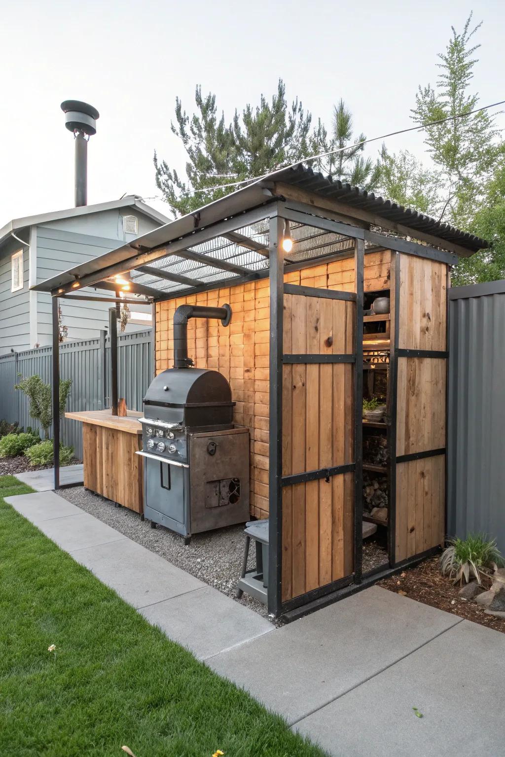 An industrial chic smoker shack bringing urban flair to the backyard.