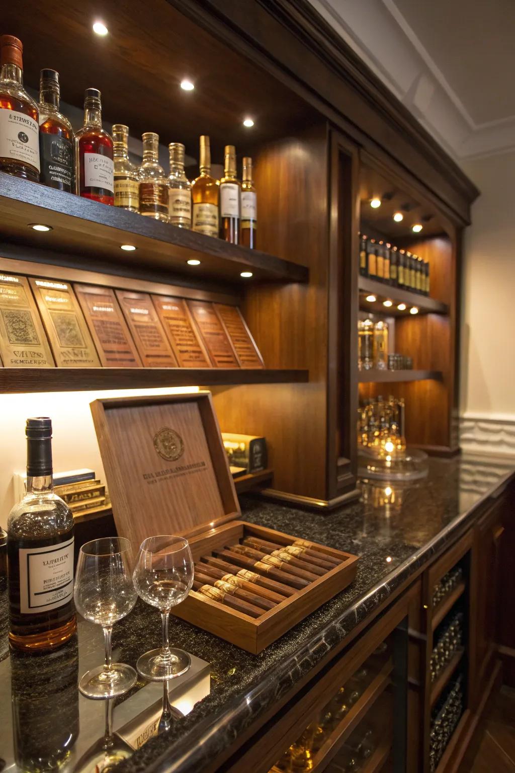A personal cigar and whiskey bar adds a touch of luxury.