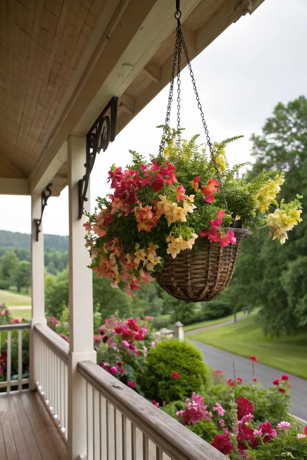 Snapdragons cascading gracefully from a hanging basket, adding vertical charm.