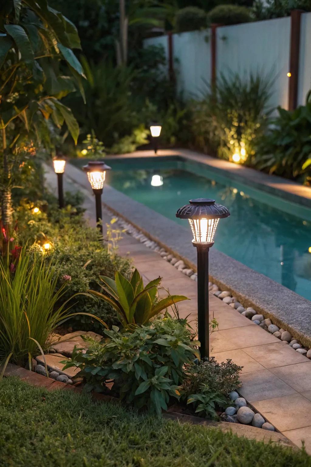 Solar lights seamlessly blend the garden with the pool