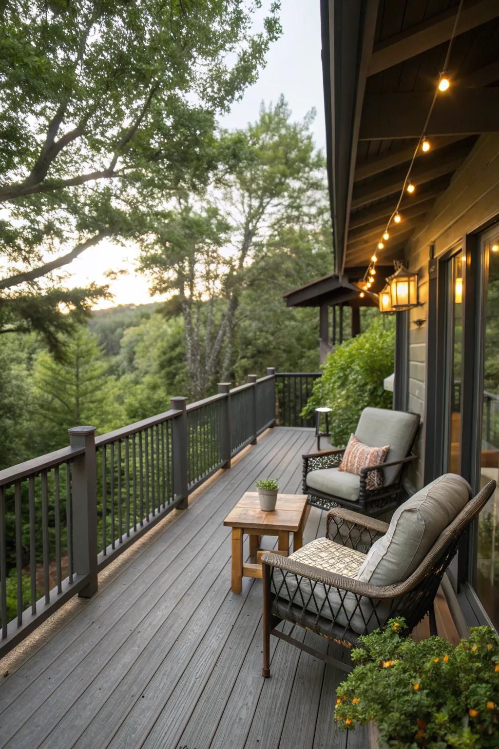 Integrated seating along the railings, maximizing space and comfort.