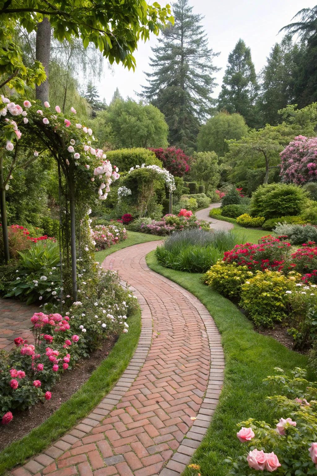 Brick pathways add elegance and guide visitors through the lush garden.