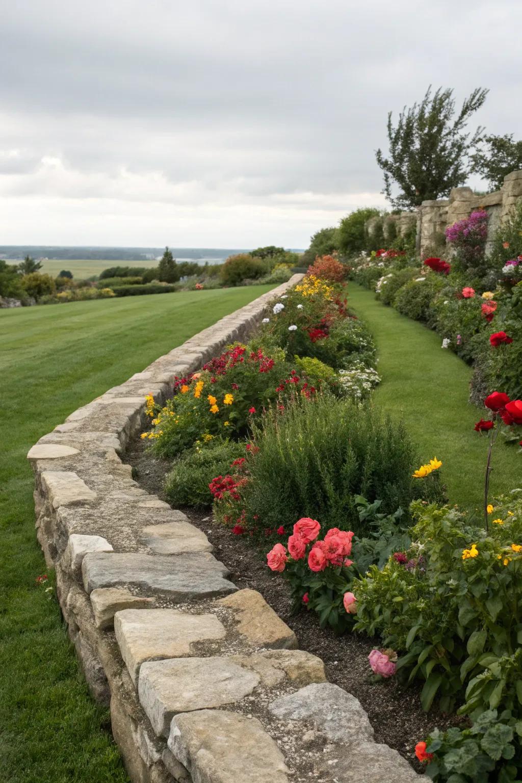 Stone borders provide a rustic charm while keeping flower beds tidy.