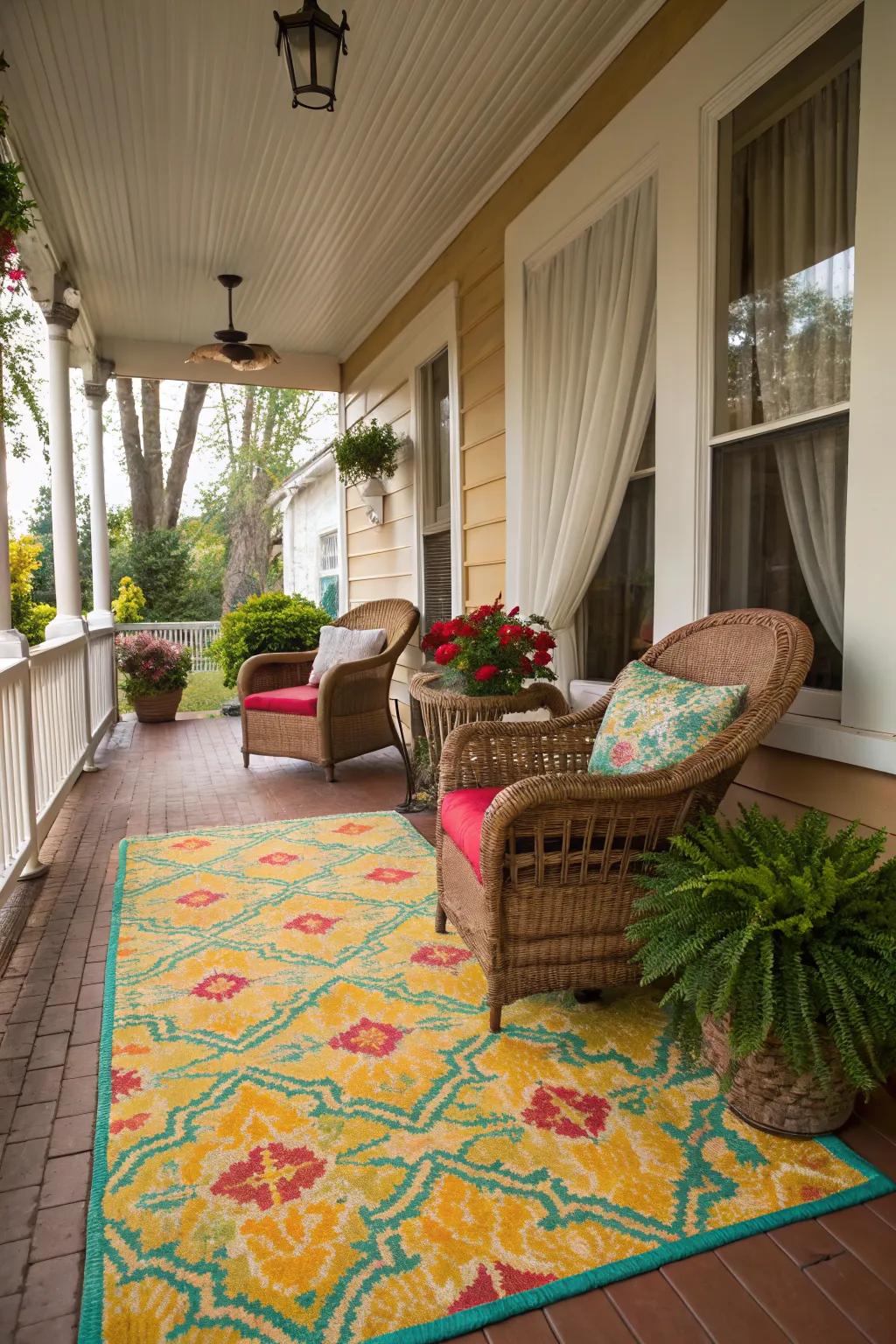 A colorful outdoor rug ties together the seating area beautifully.