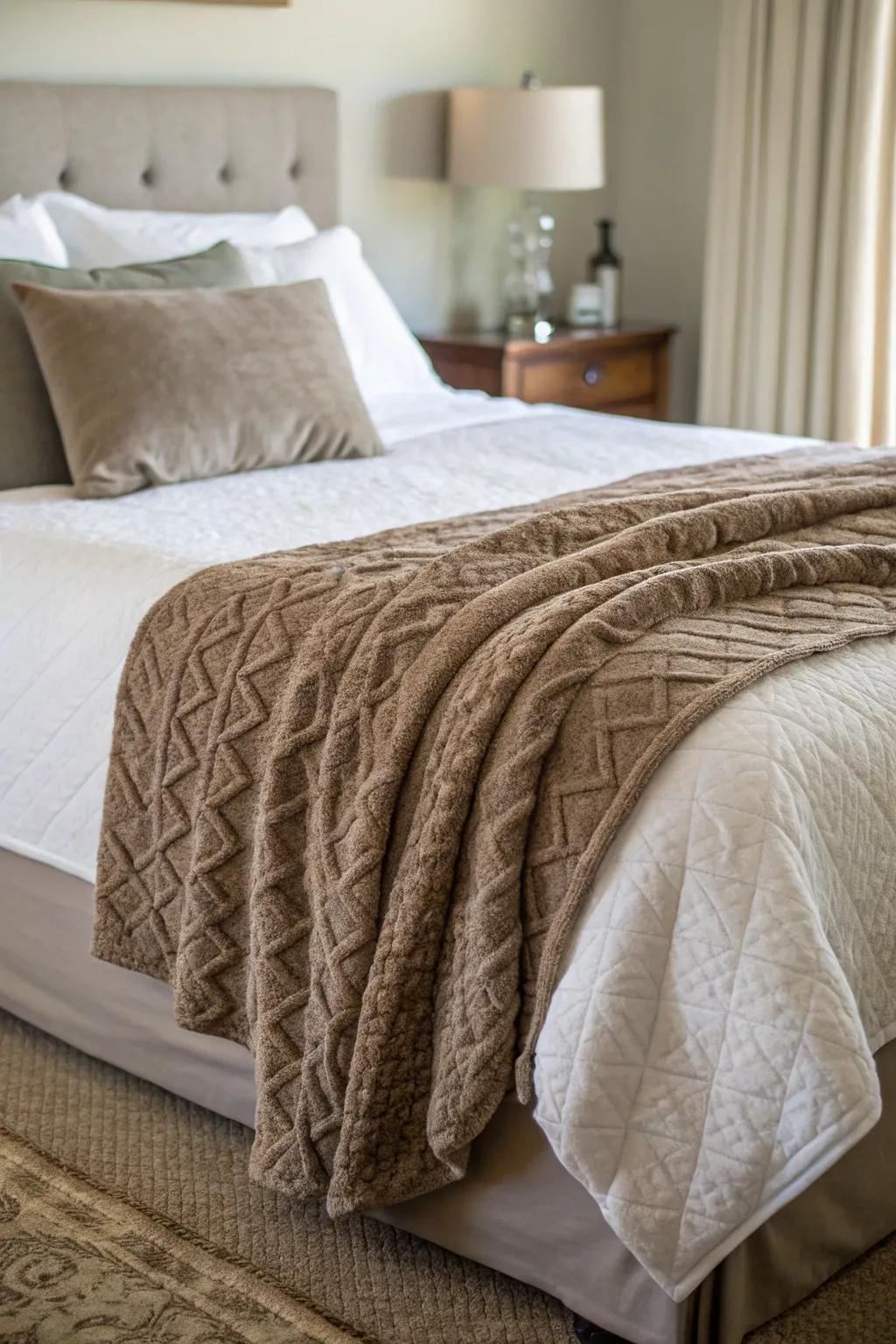Textured throws add warmth and comfort to your bedroom space.