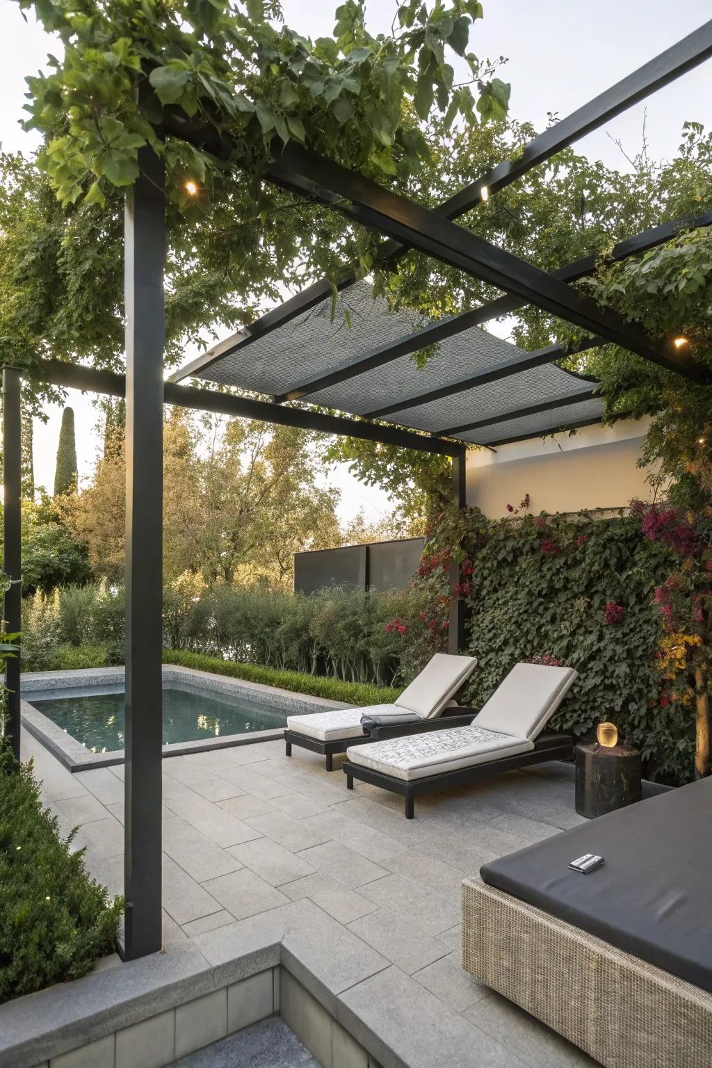 A modern pergola offers style and sun control.