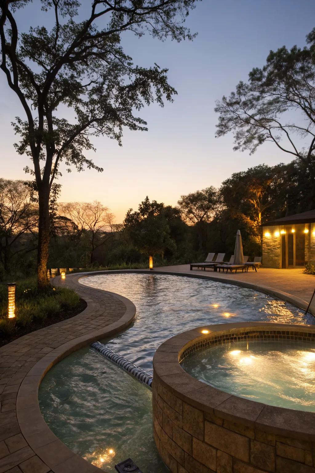 Strategic lighting transforms your spa spillover into an enchanting night-time retreat.