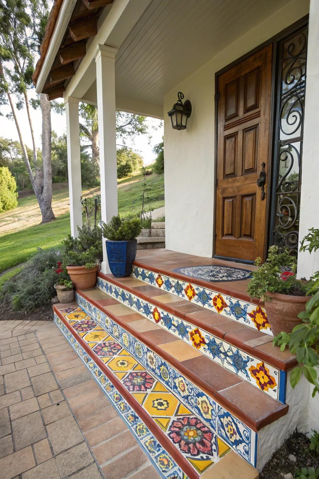 Vibrant Spanish tiles add artistic flair to your porch.