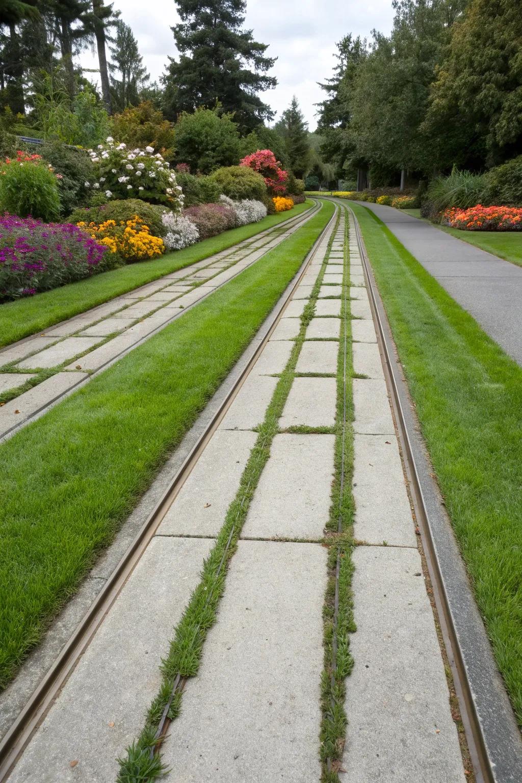 Grass strips create a lush, garden-like driveway experience.