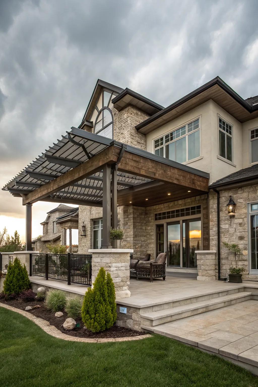 A covered pergola provides shade and style to this split-level porch.