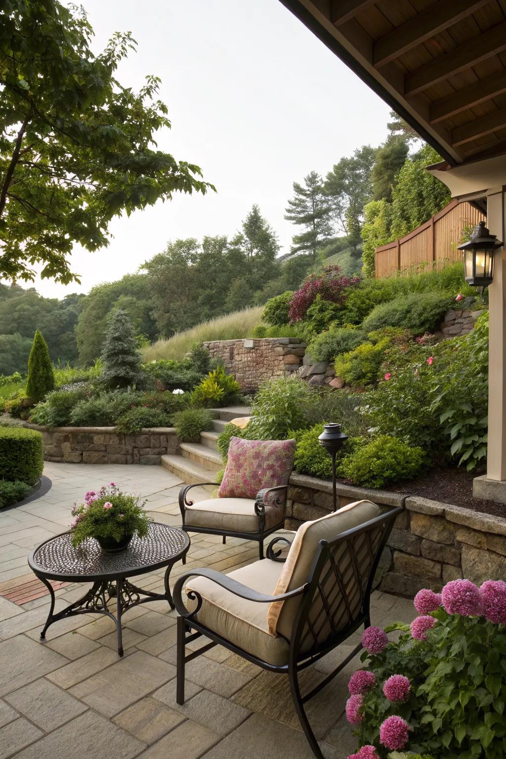 A cozy patio nestled into a lush garden offering a perfect relaxation spot.