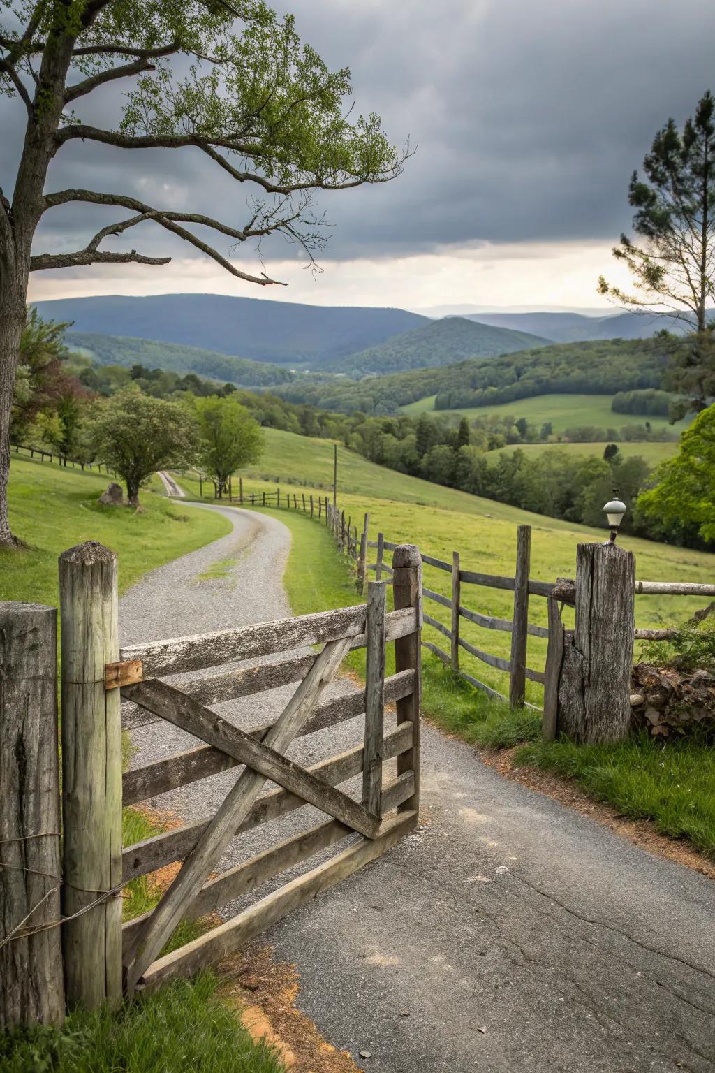 A rustic gate adds charm and security to this split rail fence.