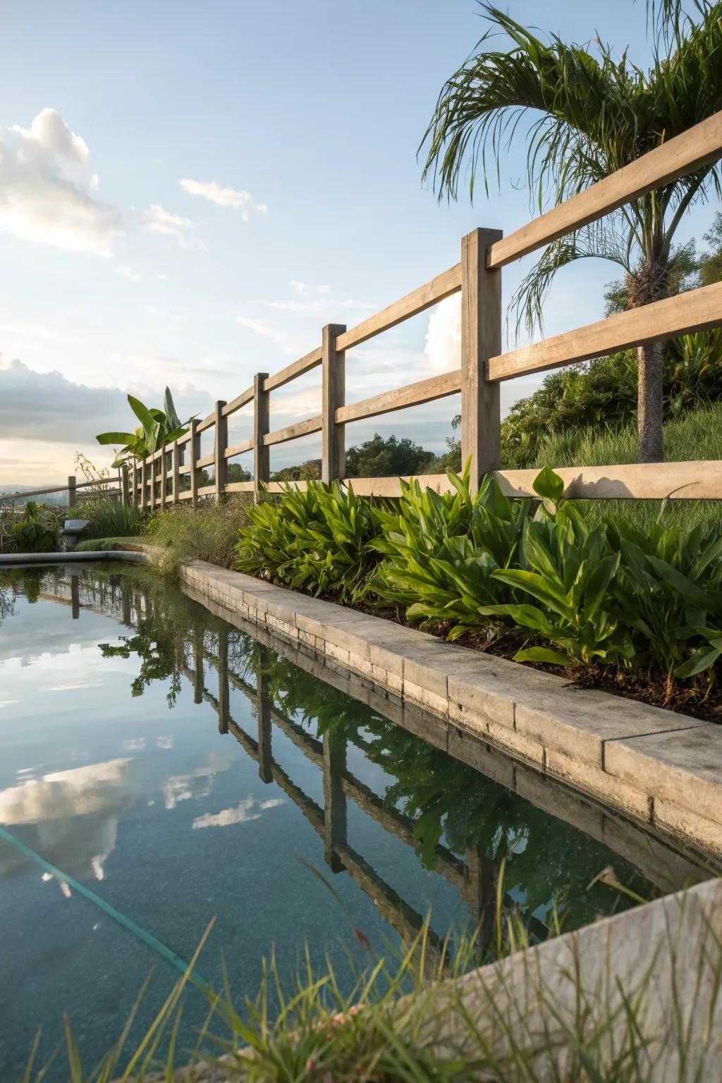 A split rail fence adds rustic charm to this poolside retreat, blending beautifully with its surroundings.