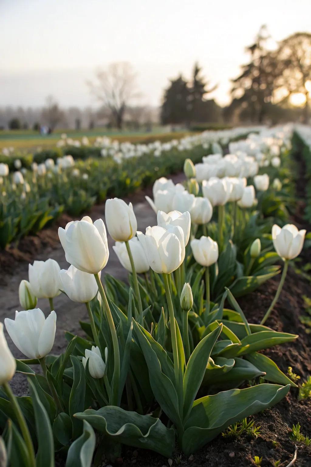 A monochromatic garden bed of white tulips.