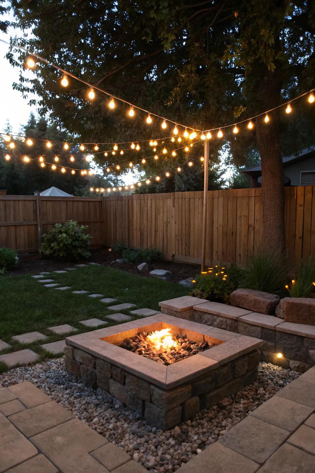 String lights create a magical nighttime ambiance.