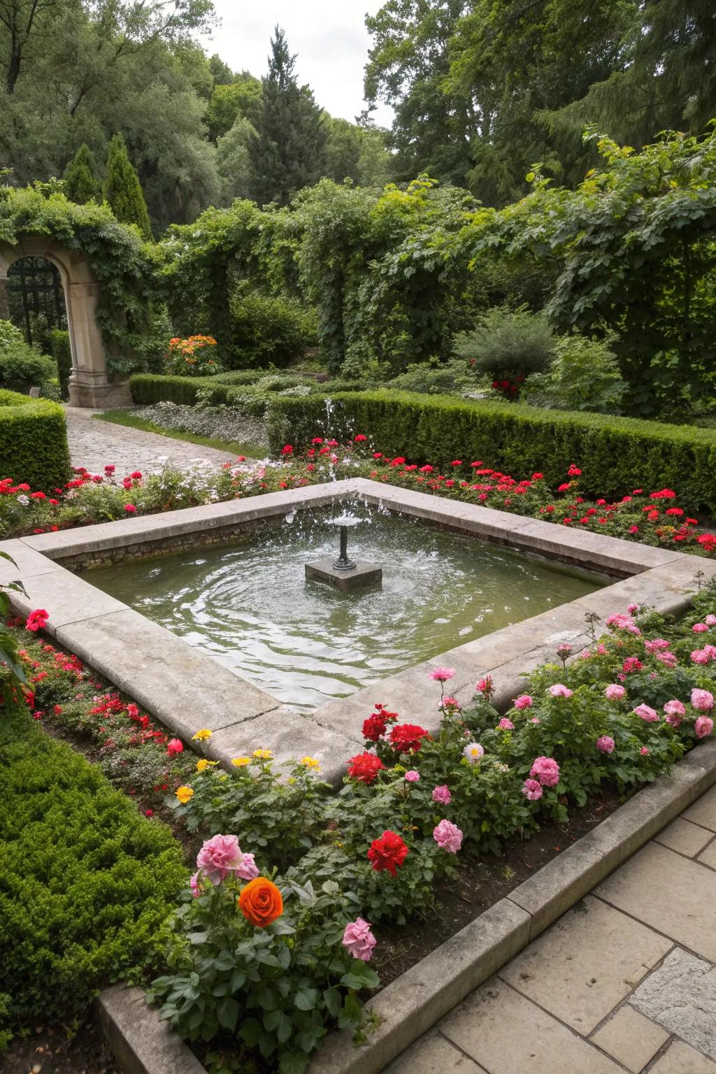 A square flower bed enhanced by a central water feature, adding tranquility to the space.
