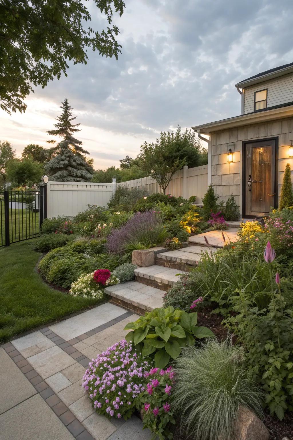 Layered plantings add depth and interest.