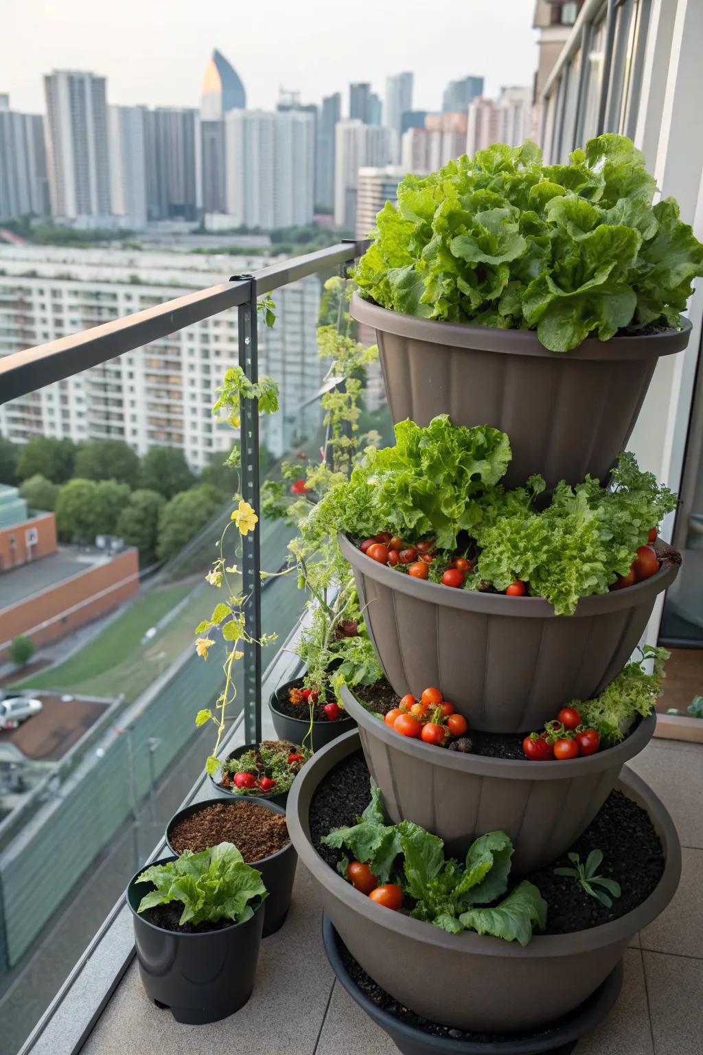 Grow your own vertical vegetable garden with stacked pots.