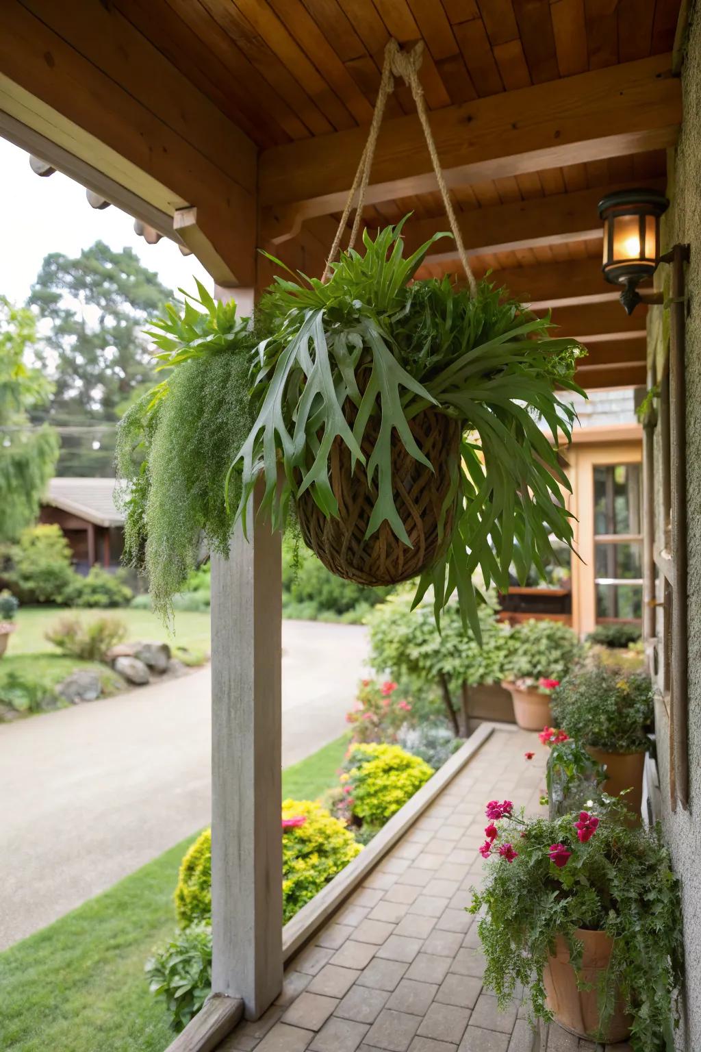 Welcome guests with a stunning staghorn fern on your porch.