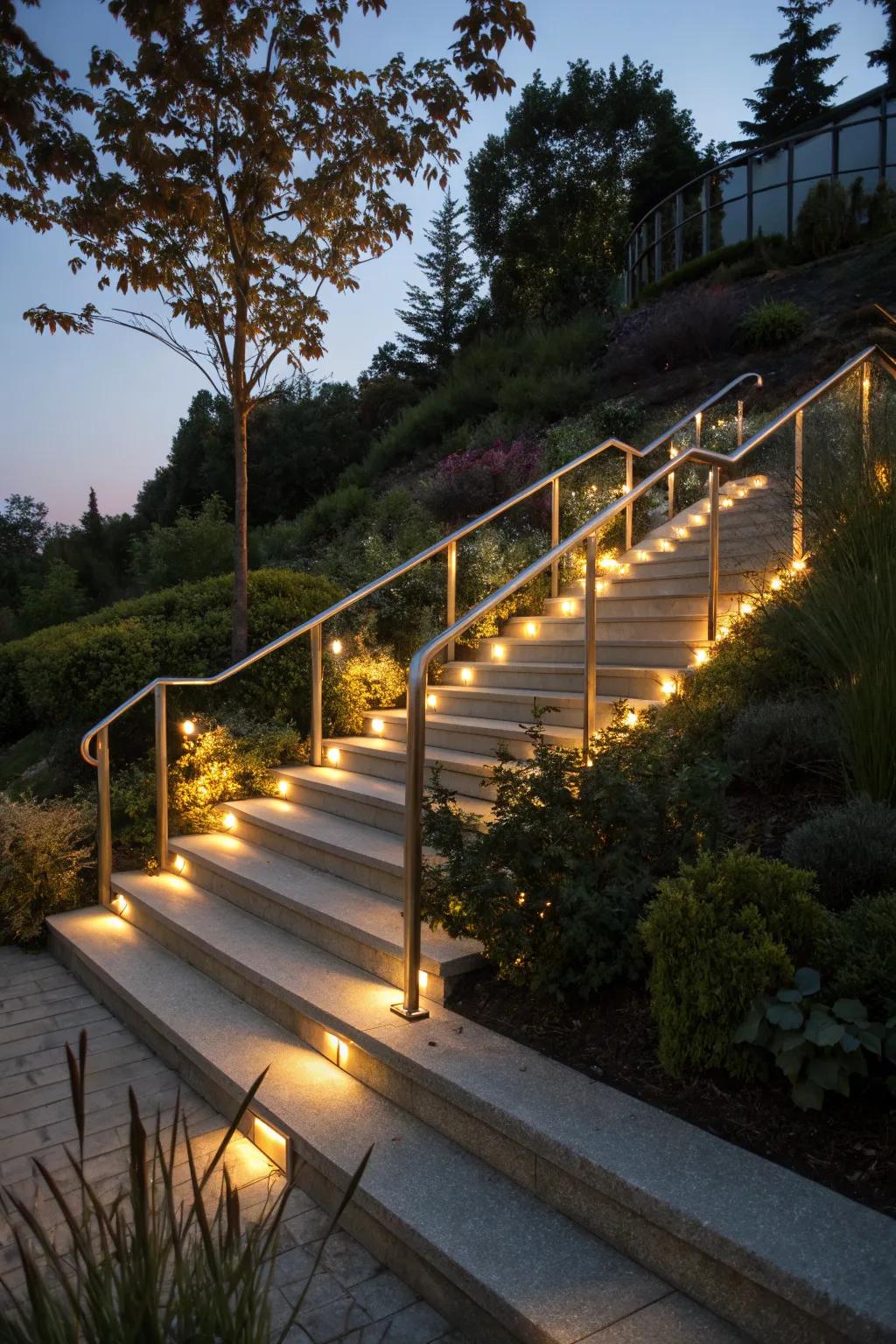 Illuminated railings turn outdoor stairs into a nighttime spectacle.